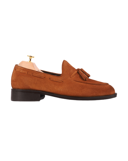 Tasselled apron loafer tan suede