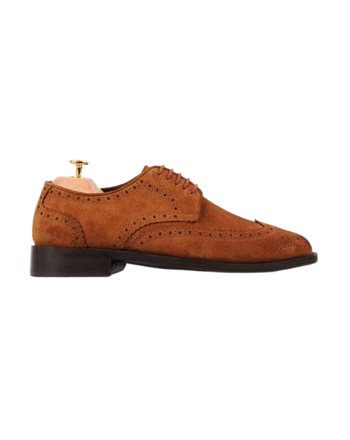 Medallion wingtip derby tan suede